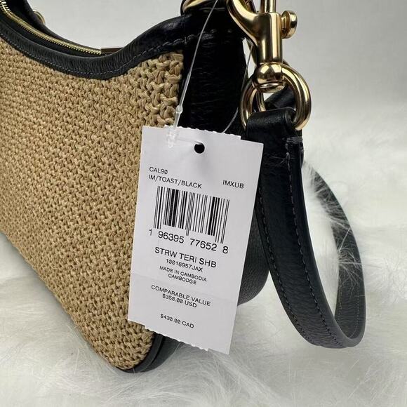 COACH Teri Shoulder Crossbody Bag 2way In Toast Black Straw Leather CAL90 NWT - Picture 5 of 12
